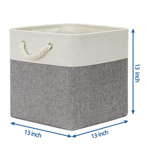 Temary Fabric Baskets 13 Inch Cube Storage Baskets with Rope Handle, Storage Cube Bins Clothes Basket for Gift, Large Storage Baskets for Storage Toys, Books, Blankets (White&Gray)