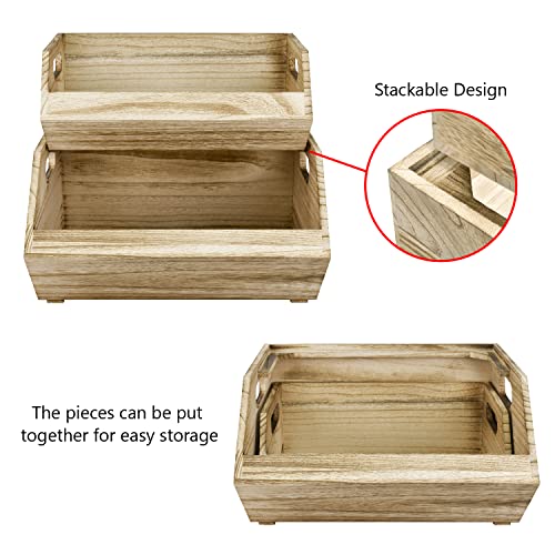 Ikee Design Wooden Stackable Bin Boxes with Handles - Set of 2 - Stylish and Functional Storage Solution for Shelf, Closet, Office, and Cabinet Organization