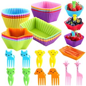 wsmelon silicone lunch box dividers for kids, 24 pcs bento box dividers with 10 animal food picks,silicone bento box inserts,silicone cupcake baking cups,muffin pan liners, reusable and bpa free