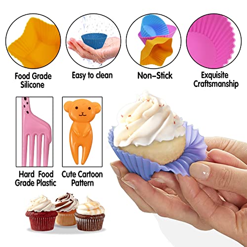 WSmelon Silicone Lunch Box Dividers for kids, 24 pcs Bento Box Dividers with 10 Animal Food Picks,Silicone Bento Box Inserts,Silicone Cupcake Baking Cups,Muffin Pan Liners, Reusable and BPA Free