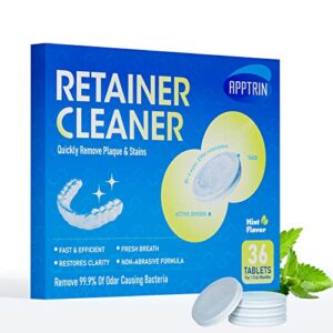 APPTRIN Retainer Cleaner Tablets Denture Cleansing Tablets for Night & Mouth Guard, False Teeth Cleaning, Removes Odors Stains Plaque Mint Flaver (White 36Pcs)