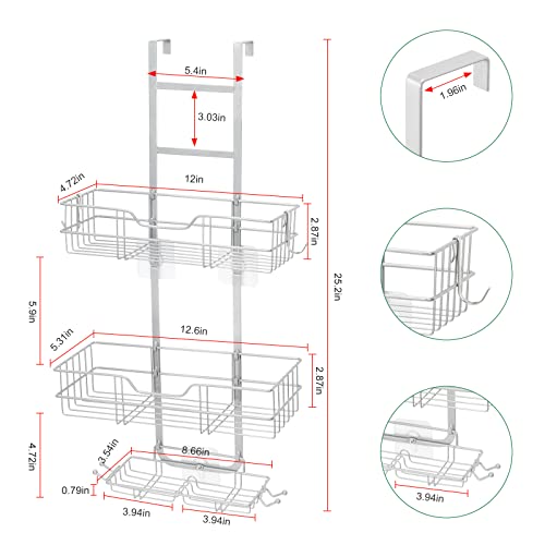 melos Over The Door Shower Caddy, 3 Tier Shower Hanging Organizer Shelf Rustproof, Shampoo Holder With Soap Holder, Shower Basket With Hooks, For Dorm, Bath, No Drilling, Silver