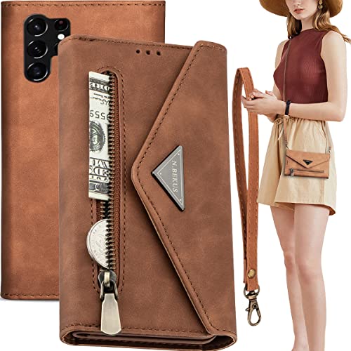 Ysnzaq Crossbody Lanyard Wallet Case for Samsung Galaxy S22 Ultra 5G 6.8", PU Leather Detachable Neck Strap with Credit Card Holder Phone Cover for Samsung Galaxy S22 Ultra 5G DKB Brown