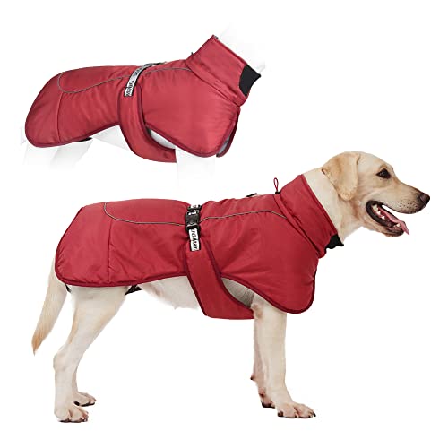 ISPET Warm Dog Coats for Large Dogs Winter Waterproof Reflective Dog Cold Weather Jacket Dog Snowsuit with Adjustable Drawstring Buckle Turtleneck Dog Vest Pet Clothes with D Ring