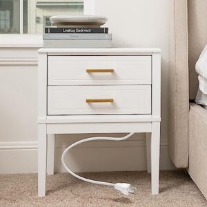 2 drawer side table with charging station - mid century modern nightstand with polished gold handles, 2 usb ports & 2 outlets - multifunctional smart bedside table for your home - 24" tall (white)