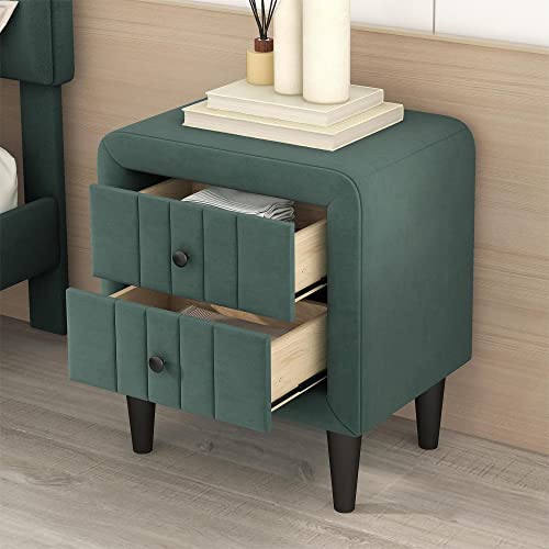 Merax Nightstand Green Modern Upholstered 2 Drawers Velvet Bedside End Table with Knobs for for Kids Women Men