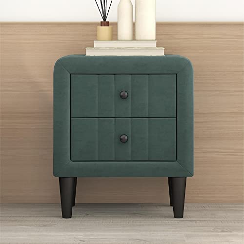 Merax Nightstand Green Modern Upholstered 2 Drawers Velvet Bedside End Table with Knobs for for Kids Women Men