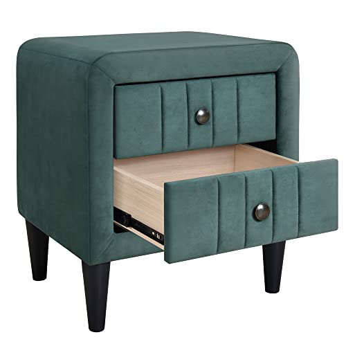 Merax Nightstand Green Modern Upholstered 2 Drawers Velvet Bedside End Table with Knobs for for Kids Women Men