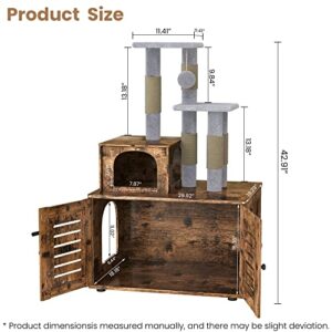 Recaceik Cat Litter Box Enclosure with Cat Tree, Hidden Cat Washroom Furniture with Divider, Wooden Cat House with Platform, Scratching Post and Soft Plush Perch, Indoor Pet Cabinet,Rustic Brown