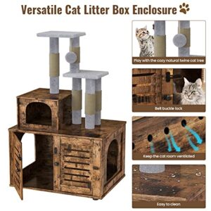 Recaceik Cat Litter Box Enclosure with Cat Tree, Hidden Cat Washroom Furniture with Divider, Wooden Cat House with Platform, Scratching Post and Soft Plush Perch, Indoor Pet Cabinet,Rustic Brown