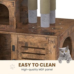 Recaceik Cat Litter Box Enclosure with Cat Tree, Hidden Cat Washroom Furniture with Divider, Wooden Cat House with Platform, Scratching Post and Soft Plush Perch, Indoor Pet Cabinet,Rustic Brown