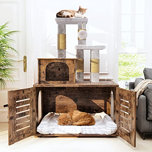 Recaceik Cat Litter Box Enclosure with Cat Tree, Hidden Cat Washroom Furniture with Divider, Wooden Cat House with Platform, Scratching Post and Soft Plush Perch, Indoor Pet Cabinet,Rustic Brown