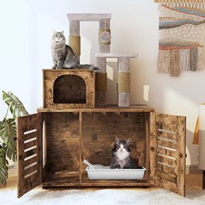 Recaceik Cat Litter Box Enclosure with Cat Tree, Hidden Cat Washroom Furniture with Divider, Wooden Cat House with Platform, Scratching Post and Soft Plush Perch, Indoor Pet Cabinet,Rustic Brown