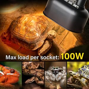 Simple Deluxe Reptile Lamp Fixture Aluminum Dome Light Dual Deep Cap Integration Design Heat-Lighting Lamp Double Sockets Bulbs Holder with Independent Switches, for Terrarium, Turtle Tank, Black
