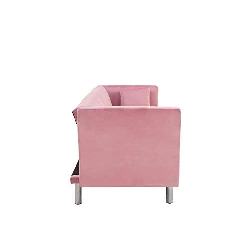 Cotoala Catalina Convertible Futon Sofa Bed, Modern Velvet Tufted Upholstered Loveseat Folding Couch with 2 Pillows and Metal Legs, Adjustable Backrest and Detachable Armrests, Pink