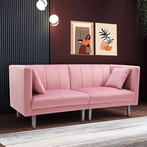 cotoala catalina convertible futon sofa bed, modern velvet tufted upholstered loveseat folding couch with 2 pillows and metal legs, adjustable backrest and detachable armrests, pink