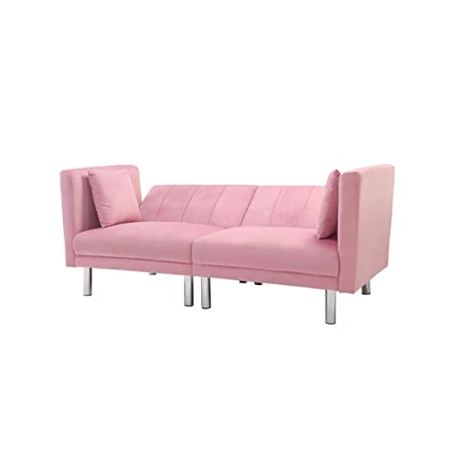 Cotoala Catalina Convertible Futon Sofa Bed, Modern Velvet Tufted Upholstered Loveseat Folding Couch with 2 Pillows and Metal Legs, Adjustable Backrest and Detachable Armrests, Pink