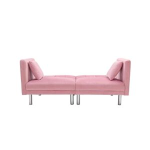 Cotoala Catalina Convertible Futon Sofa Bed, Modern Velvet Tufted Upholstered Loveseat Folding Couch with 2 Pillows and Metal Legs, Adjustable Backrest and Detachable Armrests, Pink