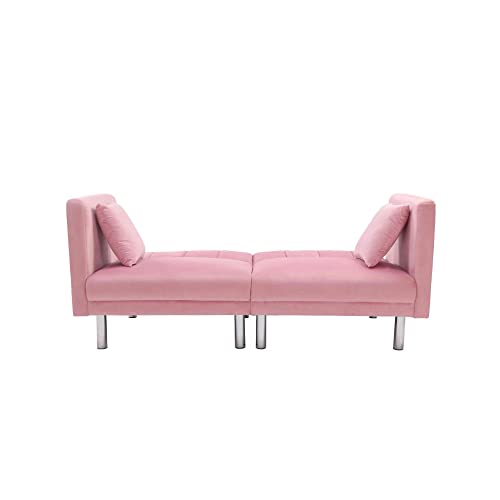 Cotoala Catalina Convertible Futon Sofa Bed, Modern Velvet Tufted Upholstered Loveseat Folding Couch with 2 Pillows and Metal Legs, Adjustable Backrest and Detachable Armrests, Pink