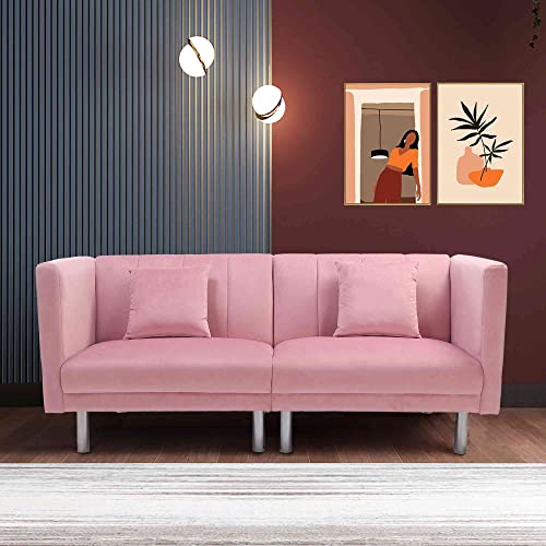 Cotoala Catalina Convertible Futon Sofa Bed, Modern Velvet Tufted Upholstered Loveseat Folding Couch with 2 Pillows and Metal Legs, Adjustable Backrest and Detachable Armrests, Pink