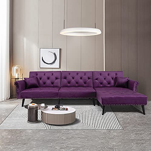 Velvet Convertible Sectional Sofa Bed Sleeper with Reversible Chaise and Pillows Comfy Velvet Fabric L-Shaped Reversible Reclining Sofa with 3 Seats and Pillows (Purple)