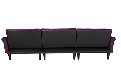 Velvet Convertible Sectional Sofa Bed Sleeper with Reversible Chaise and Pillows Comfy Velvet Fabric L-Shaped Reversible Reclining Sofa with 3 Seats and Pillows (Purple)