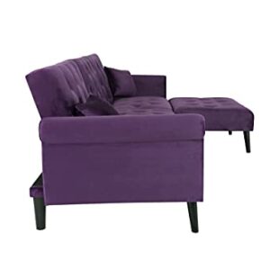 Velvet Convertible Sectional Sofa Bed Sleeper with Reversible Chaise and Pillows Comfy Velvet Fabric L-Shaped Reversible Reclining Sofa with 3 Seats and Pillows (Purple)