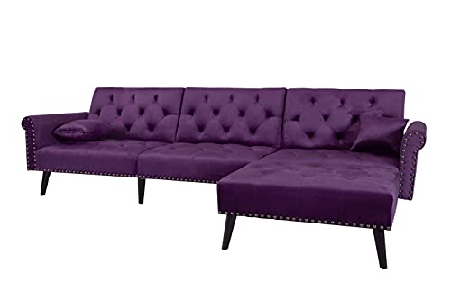 Velvet Convertible Sectional Sofa Bed Sleeper with Reversible Chaise and Pillows Comfy Velvet Fabric L-Shaped Reversible Reclining Sofa with 3 Seats and Pillows (Purple)