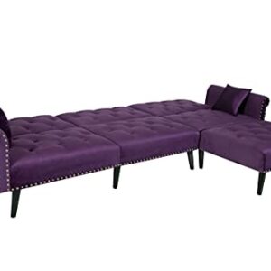 Velvet Convertible Sectional Sofa Bed Sleeper with Reversible Chaise and Pillows Comfy Velvet Fabric L-Shaped Reversible Reclining Sofa with 3 Seats and Pillows (Purple)