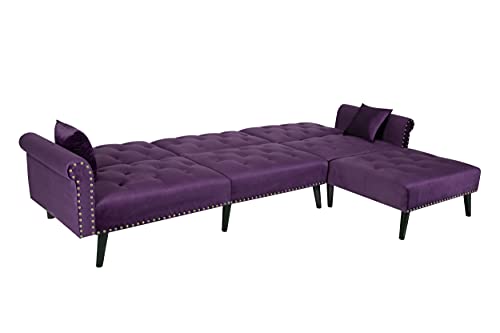 Velvet Convertible Sectional Sofa Bed Sleeper with Reversible Chaise and Pillows Comfy Velvet Fabric L-Shaped Reversible Reclining Sofa with 3 Seats and Pillows (Purple)