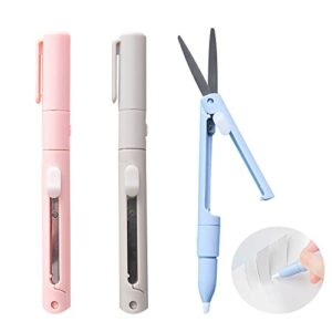 gincevhy 3 pairs assorted colors 2-in-1 pen style scissors with paper cutter, folding stainless steel shears and ceramic penblade, portable travel safety scissors for home, school, diy crafts
