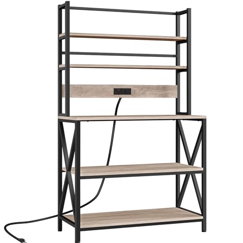 Yaheetech 5-Tier Bakers Rack with Power Outlet, Microwave Stand Utility Storage Shelf with Metal Frame, Industrial Kitchen Rack Coffee Bar with Adjustable Feet, 35.5 x 16 x 64.5, Gray