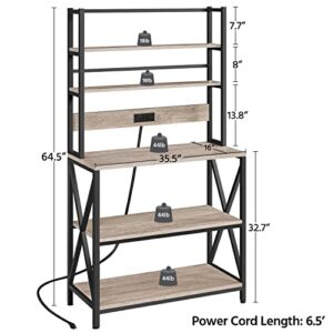 Yaheetech 5-Tier Bakers Rack with Power Outlet, Microwave Stand Utility Storage Shelf with Metal Frame, Industrial Kitchen Rack Coffee Bar with Adjustable Feet, 35.5 x 16 x 64.5, Gray