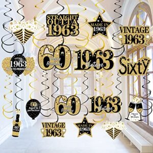 60th birthday decorations hanging swirls for men women, black gold vintage 1963 happy 60th birthday foil swirls party supplies, sixty year old birthday ceiling hanging decorations