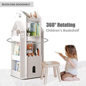 MOUDAO Rotating Bookshelf 360° Castle Kids Bookshelf Toy Storage Organizer Rack, Pink White Corner Bookshelf for Kids Toddler Children, Home Office Furniture Bookcase