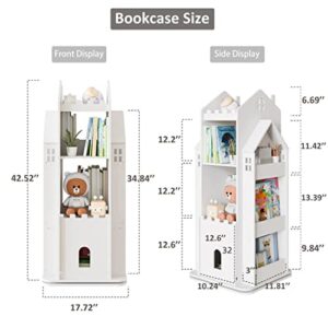 MOUDAO Rotating Bookshelf 360° Castle Kids Bookshelf Toy Storage Organizer Rack, Pink White Corner Bookshelf for Kids Toddler Children, Home Office Furniture Bookcase