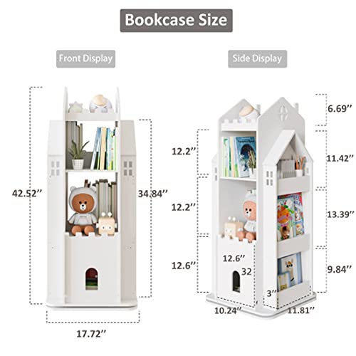 MOUDAO Rotating Bookshelf 360° Castle Kids Bookshelf Toy Storage Organizer Rack, Pink White Corner Bookshelf for Kids Toddler Children, Home Office Furniture Bookcase