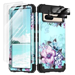 uamark for google pixel 7 case,three layer heavy duty shockproof full body protective with 2 tempered glass screen protector + 2 camera lens protector case for google pixel 7 5g(2022),blue flower