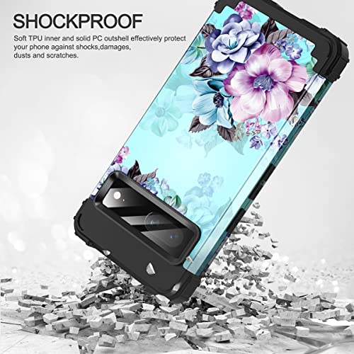 Uamark for Google Pixel 7 Case,Three Layer Heavy Duty Shockproof Full Body Protective with 2 Tempered Glass Screen Protector + 2 Camera Lens Protector Case for Google Pixel 7 5G(2022),Blue Flower