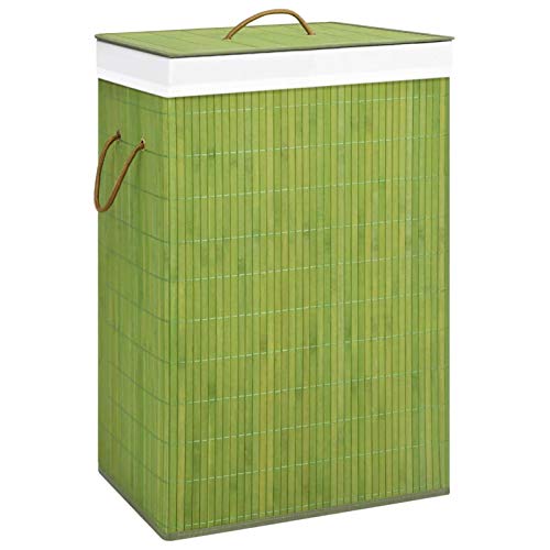 Tidyard Bamboo Laundry Basket with Lid and Handle Woven Fabric Clothes Hamper Blanket Storage Basket Green for Laundry Room, Dorm, Bathroom, Living Room, Bedroom Organization