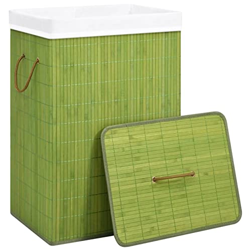 Tidyard Bamboo Laundry Basket with Lid and Handle Woven Fabric Clothes Hamper Blanket Storage Basket Green for Laundry Room, Dorm, Bathroom, Living Room, Bedroom Organization