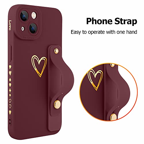 Fiyart Designed for iPhone 13 Case with Phone Stand Holder Cute Love Hearts Pattern Slim Protective Camera Protection Cover with Wrist Strap for Women Girls for iPhone 13 6.1"-Wine Red