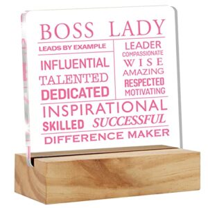 inspirational boss appreciation gift boss lady gifts for women, pink boss lady desk decor acrylic desk plaque sign with wood stand home office desk sign keepsake