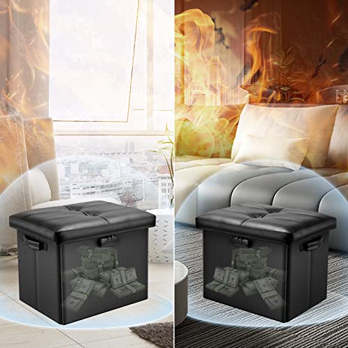 DocSafe Storage Ottoman with Lock,Fireproof Folding Ottoman Foot Rest Stool Storage Chest with Storage Safe for Important Documents,Waterproof 17 Inches Short Ottoman Foot Stool with Hanldes,Black