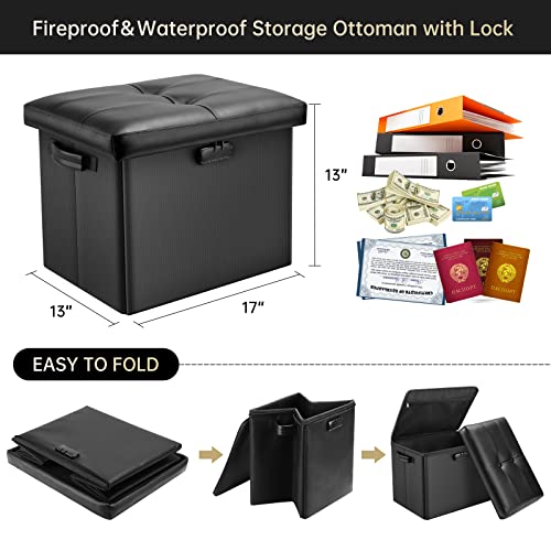 DocSafe Storage Ottoman with Lock,Fireproof Folding Ottoman Foot Rest Stool Storage Chest with Storage Safe for Important Documents,Waterproof 17 Inches Short Ottoman Foot Stool with Hanldes,Black