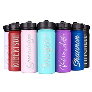 personalized water bottle with straw & lid - 18 oz, 9 colors, engraved 8 designs - sports water bottle customized with name or text