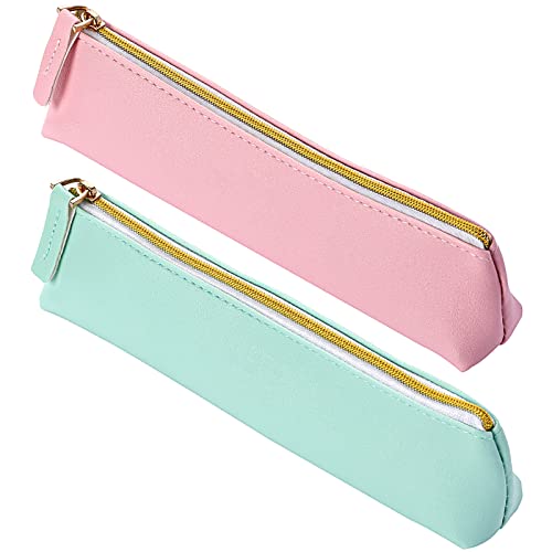 Vin Beauty 2 Pcs Leather Pencil Pouch, Slim Design Small Pencil Pouch Pencil Bag Zipper Pencil Case Bag Stationery Pouch Bag for Pens, Pencils, Markers