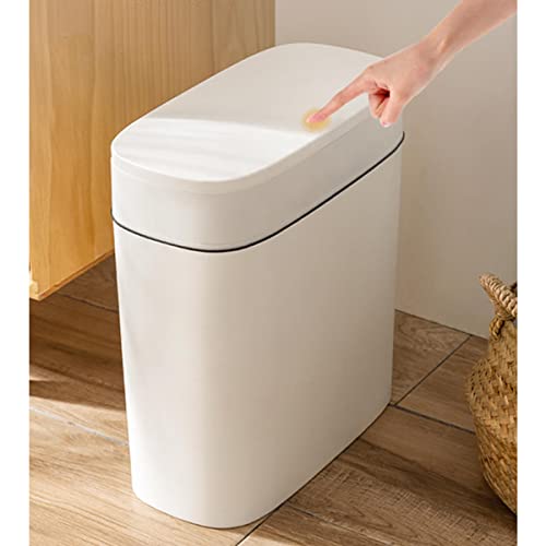 COMODID 14 Litre Trash Can with Press Top Lid, 3.7 Gallons Plastic Garbage Bin, Slim Wastebasket for Bathroom, Kitchen, Toilet, Office, Room, Bedroom, White lid Without Brush