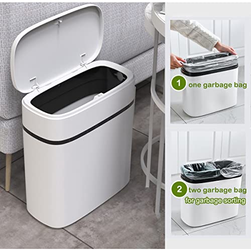 COMODID 14 Litre Trash Can with Press Top Lid, 3.7 Gallons Plastic Garbage Bin, Slim Wastebasket for Bathroom, Kitchen, Toilet, Office, Room, Bedroom, White lid Without Brush