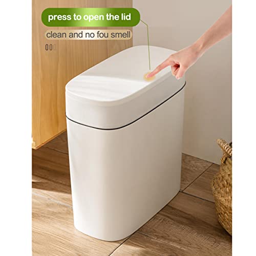 COMODID 14 Litre Trash Can with Press Top Lid, 3.7 Gallons Plastic Garbage Bin, Slim Wastebasket for Bathroom, Kitchen, Toilet, Office, Room, Bedroom, White lid Without Brush